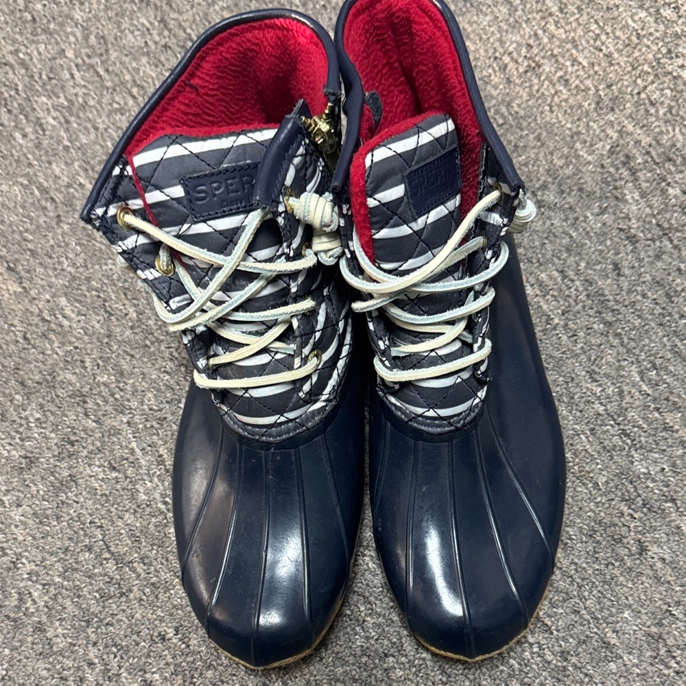 Sperry Navy and Red Quilted Duck Boots